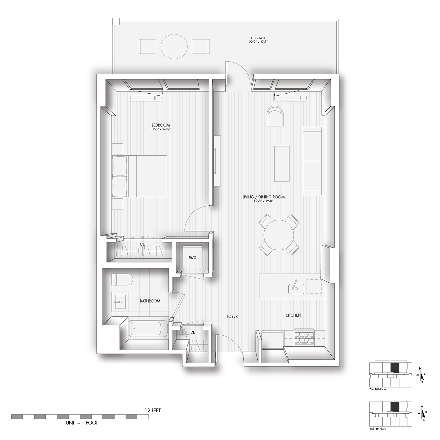 Floor plan for 1 bed, 1 bath, 707 sqft
